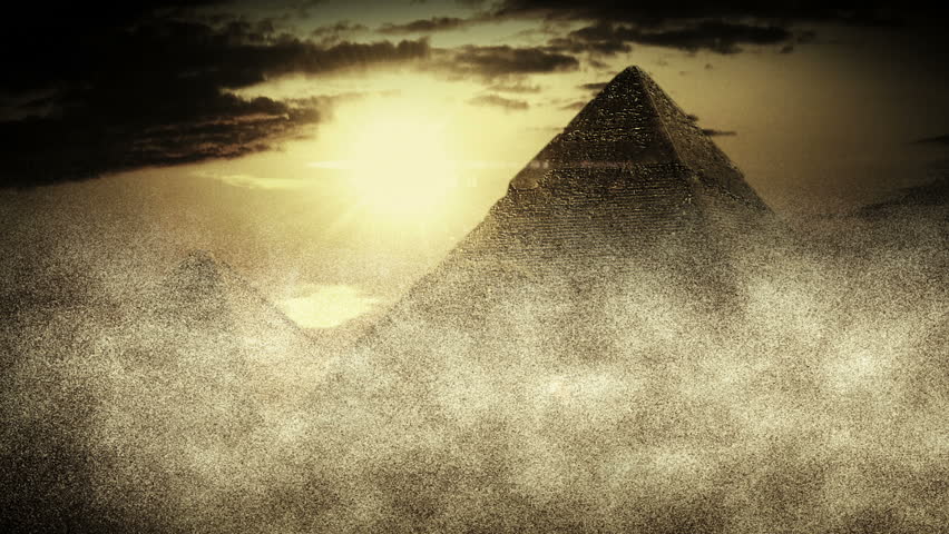 Realistic Egyptian Pyramids in sandstorm, old style shot with slight camera movement, animation.