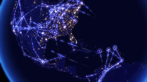 Global communications through the network of connections over North and South America. Concept of internet, social media, traveling or logistics. High resolution texture of city lights. 4k - Ultra HD.