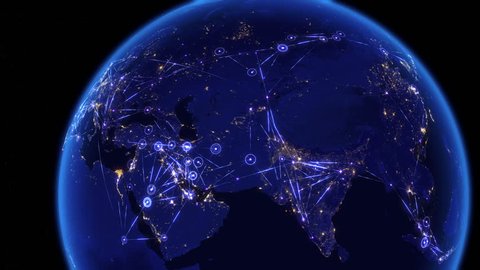 Global communications through the network of connections over Asia. Concept of internet, social media, traveling or logistics. High resolution texture of city lights at night. 4k - Ultra HD.
