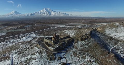 Khor Virap Monastery panorama at sunrise in front of Ararat Mountain, Armenia