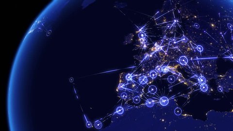 Global communications through the network of connections over Far East, Asia, Europe and America. Concept of internet, social media, traveling. High resolution texture of city lights at night. 4k.