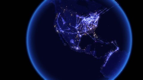 Global communications through the network of connections over Australia, Far East, Asia, Europe and America. Concept of internet, social media, traveling. High resolution texture of city lights. 4k.