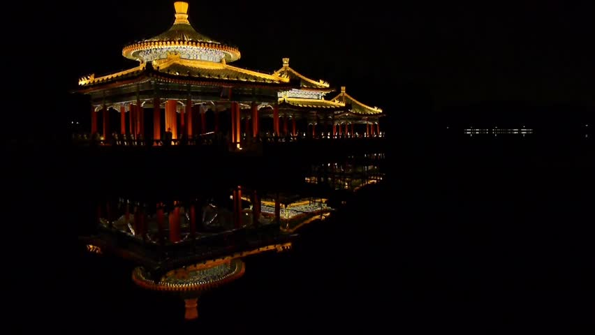 China Beijing ancient Chinese architecture pavilions reflection in pool water. gh2_04622