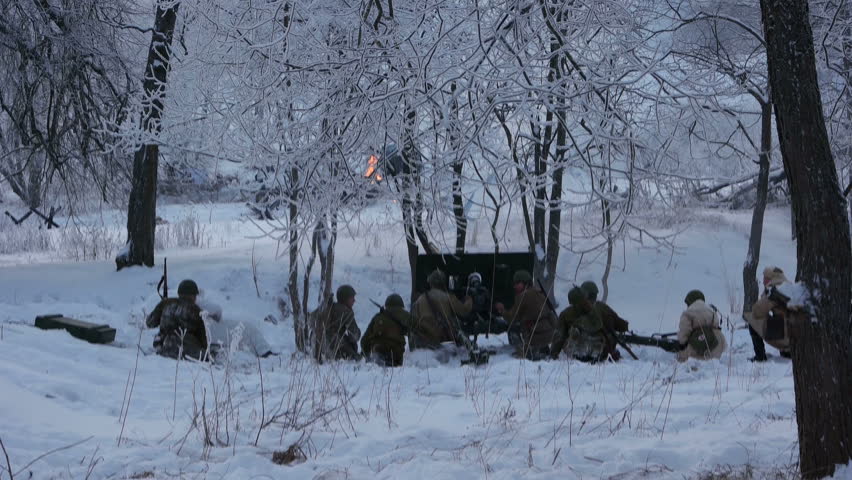 Artillery gun, cannon in a snowy forest