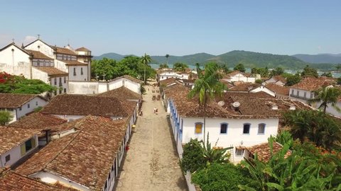 Paraty's street on a drone aerial view. Brazilian famous colonial city on Rio de Janeiro coast with a typical church.