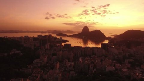 Sunrise Botafogo Bay landmark. Aerial view during the magic hour. Rio de Janeiro, Brasil - Olympic city 2016. 