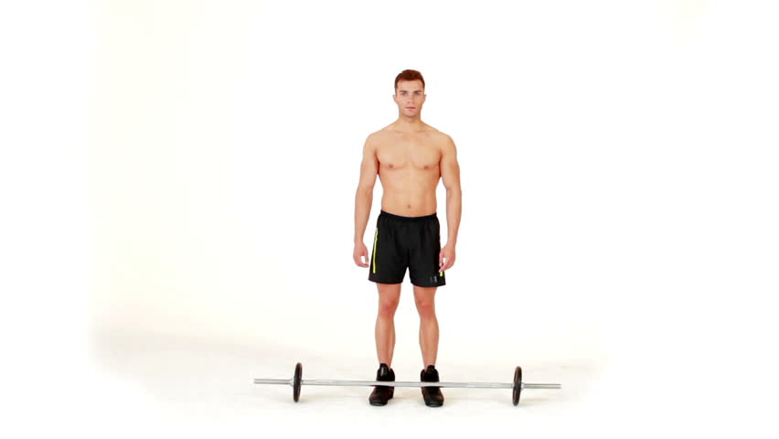 Muscular man lifting weights on isolated white background
