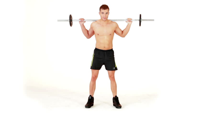 Muscular man lifting weights on isolated white background