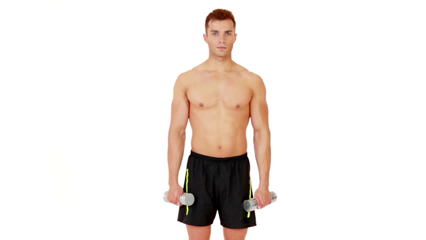Muscular man exercising with dumbbells on isolated white background