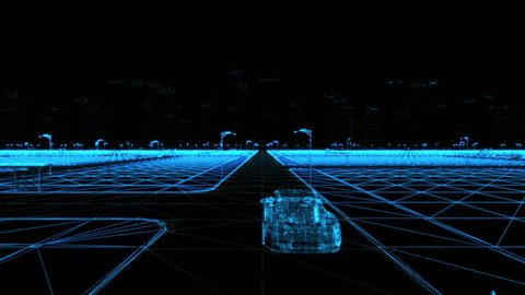 Abstract 3D Car Animation in Wireframe and pointcloud Futuristic City