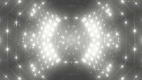 VJ Fractal silver kaleidoscopic background.Disco spectrum lights concert spot bulb. Abstract grey background with stars and particles for use with music videos. VJ Loops animation.