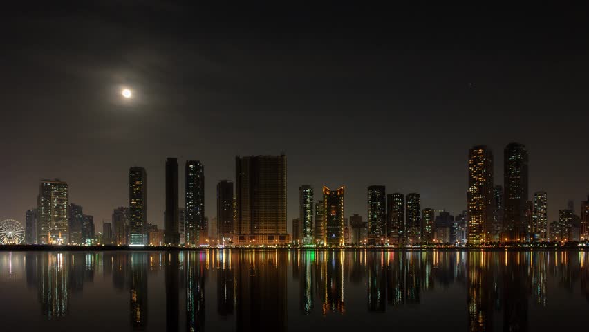 Moon panorama of Sharjah, United Arab Emirates.4K video time lapse.