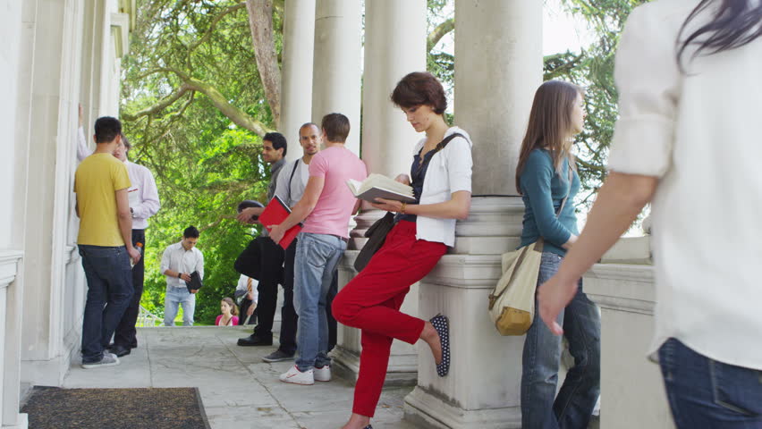 Attractive, diverse group of university or college students take a break between classes and chat together outside elegant historic building set in natural landscape.