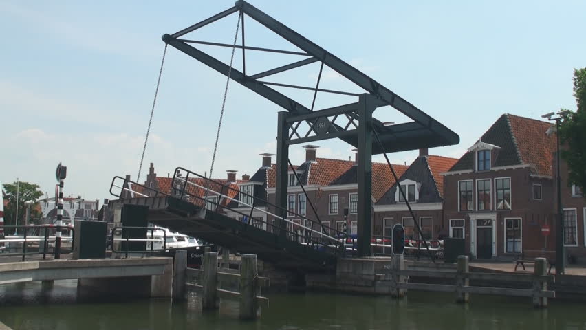 A bridge is raised in one of the canals near the harbour of the small village of Veere in the province of Zeeland, the Netherlands