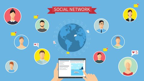Social network concept animation. Hands holding a tablet and choosing social network pages.  Around Earth flying email messages, "Likes" and speeches. People communicate.