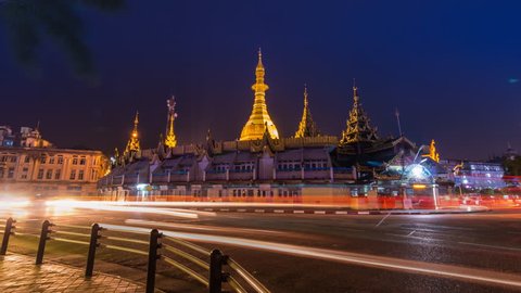 Sule Pagoda at Night Of Yangon, Myanmar 4K Time Lapse
