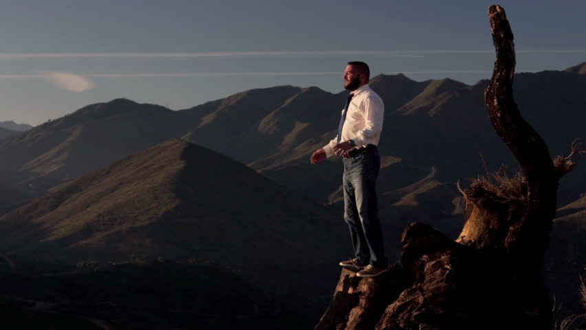 Successful businessman raising arms, power symbol, standing in the trunk in the country mountains
