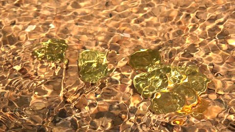 Gold coins in a river bed, filmed in 4k video.