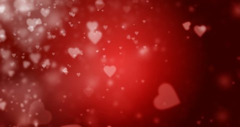 Seamless loop of white heart-shaped particles on a dark red background