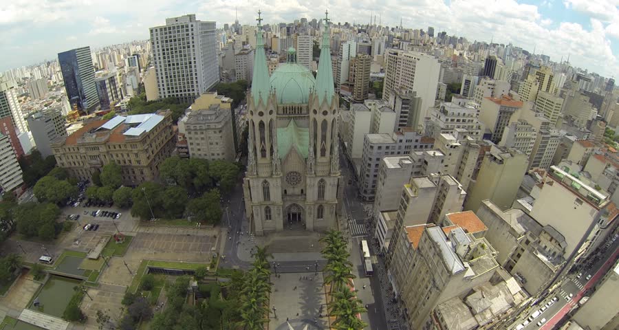 Aerial view of Praça da Sé and the church at Sao Paulo ground zero, Brazil