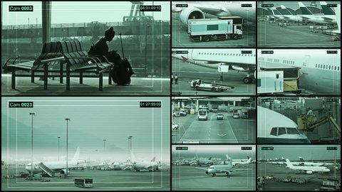 CCTV Camera on the Airport terminal, split screen.