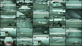 Many security cameras installed in airport terminals and on the runway.
