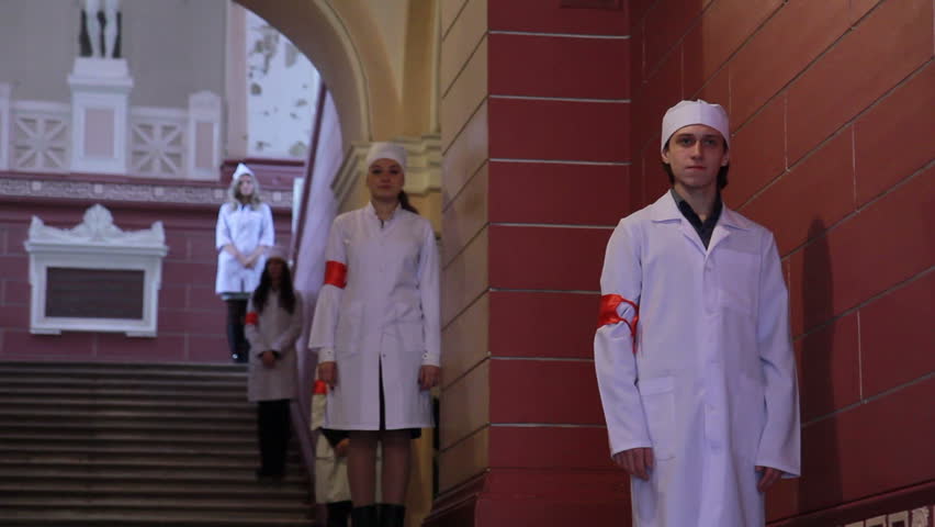 ODESSA, UKRAINE - The 15 th of May 2015.
Opening of medical symposium of doctors in the City Hospital No 11.
Interns honor guard at the entrance the medical institute
(the Hippocratic Oath)