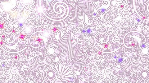 Particles - White, Lavender, Rose, Red Looping on Purple Paisley Color-Changing 3D motion looping background. Animated screensaver with sparkling glitter, sparks, and moving lights. Seamless loop.