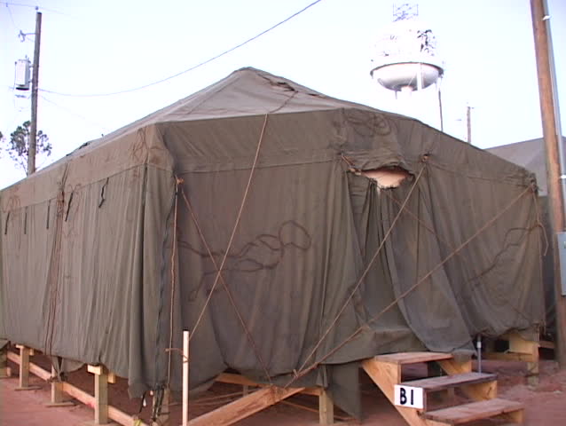Medium shot of a FEMA refugee tent.