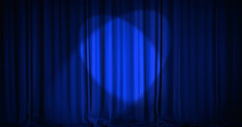 A blue velvet curtain opening with spotlights in a movie theater. An alpha matte is included as well. High quality render in 4K format.