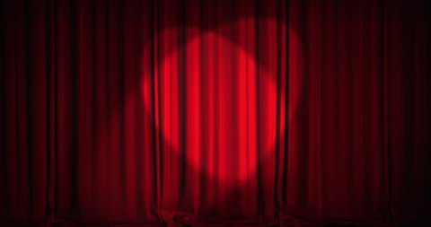 A red velvet curtain opening with spotlights in a movie theater. An alpha matte is included as well. High quality render in 4K format.