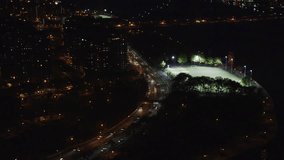 4k / Ultra HD version Aerial view of New York City at night. Shot from helicopter over New York City State, Manhattan and all iconic NYC landmarks. Shot on RED Epic