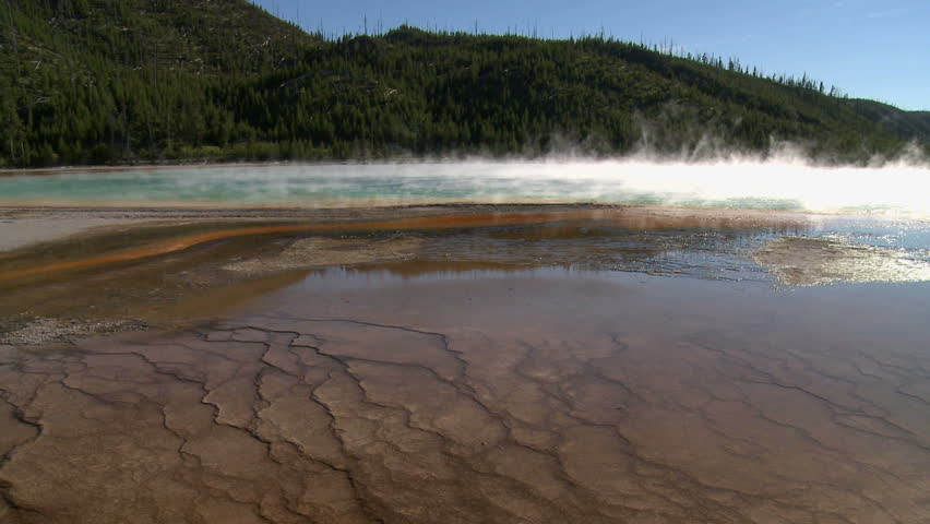 Wind blows over Grand Prismatic Spring in Yellowstone National Park