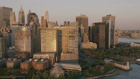 4k / Ultra HD version Sunset or sunrise aerial view of lower Manhattan New York City. Shot on RED Epic