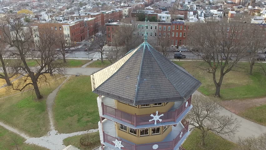 Patterson Park Pagoda Aerial Pull Back Baltimore Maryland