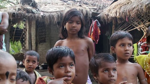 Baruipur, India - CIRCA 2013 - Indian children near jungle hut