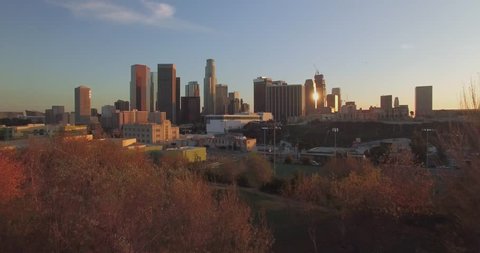 From The Bushes Into Downtown Los Angeles / Aerial 4K footage taking off from behind the trees and into downtown Los Angeles during sunset/sunrise with clear skies and minimal traffic.