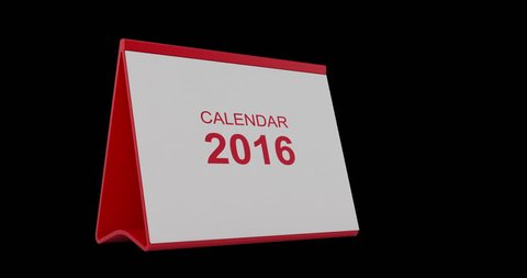 A monthly 2016 calendar. The calendar is red in colour. Pages start to flip from left bottom corner and fly away after tearing. High quality render in 4K resolution. Alpha matte is included.