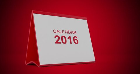 A monthly 2016 calendar sitting on a red background. The calendar is red in colour. Pages start to flip from left bottom corner and fly away after tearing. High quality render in 4K resolution.