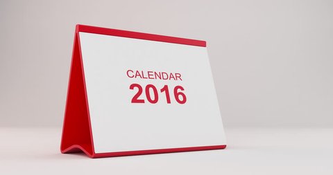 A monthly 2016 calendar sitting on a white background. The calendar is red in colour. Pages start to flip from left bottom corner and fly away after tearing. High quality render in 4K resolution.