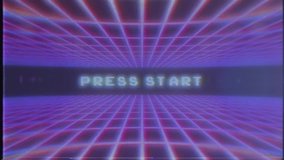 Retro Video Game background and Press Start Over VHS purple / Retro Video Game Press Start VHS purple / A retro video game Background and press start text in VHS look and purple color
