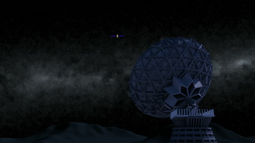 An animation of satellite flying over a communications dish at night.  