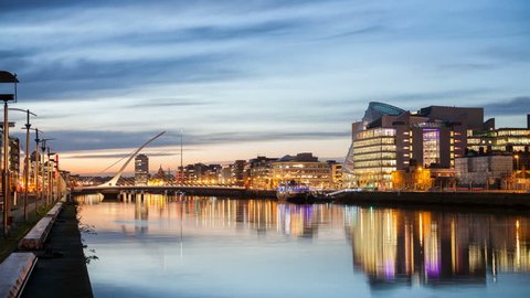 4K, 4096, 2304, time laps video of the City centre and river Liffey with Samuel Beckett Bridge during sunset. Dublin, Ireland