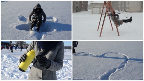 Woman make angel and heart shape on snow. Blizzard snow fall and girl on swing. Drink tea from thermos. In love with winter. Montage of video footage clips collage. Split screen. White round frame.