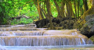 Scenic nature of tropical forest. River with waterfalls flows through jungle