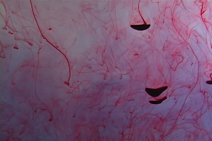 Red ink elegantly flowing in a liquified chamber.