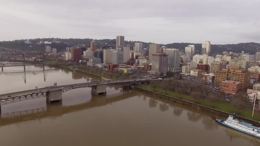 Aerial Portland Oregon - SE Morrison Bridge. River, road, city
