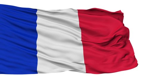 France Flag Realistic Animation Isolated on White Seamless Loop - 10 Seconds Long (Alpha Channel is Included)