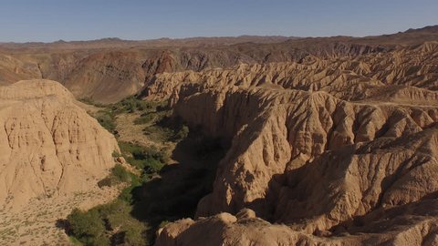 Aerial: Top view of the Canyons. Landscape panorama.  Charyn Canyon. Kazakhstan, summer 2015. DJI Phantom Drone.