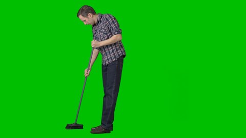 Man sweeps the floor with mop. Footage with alpha channel File format - mov. Codec - PNG+Alpha. High quality keying without holes and chatter